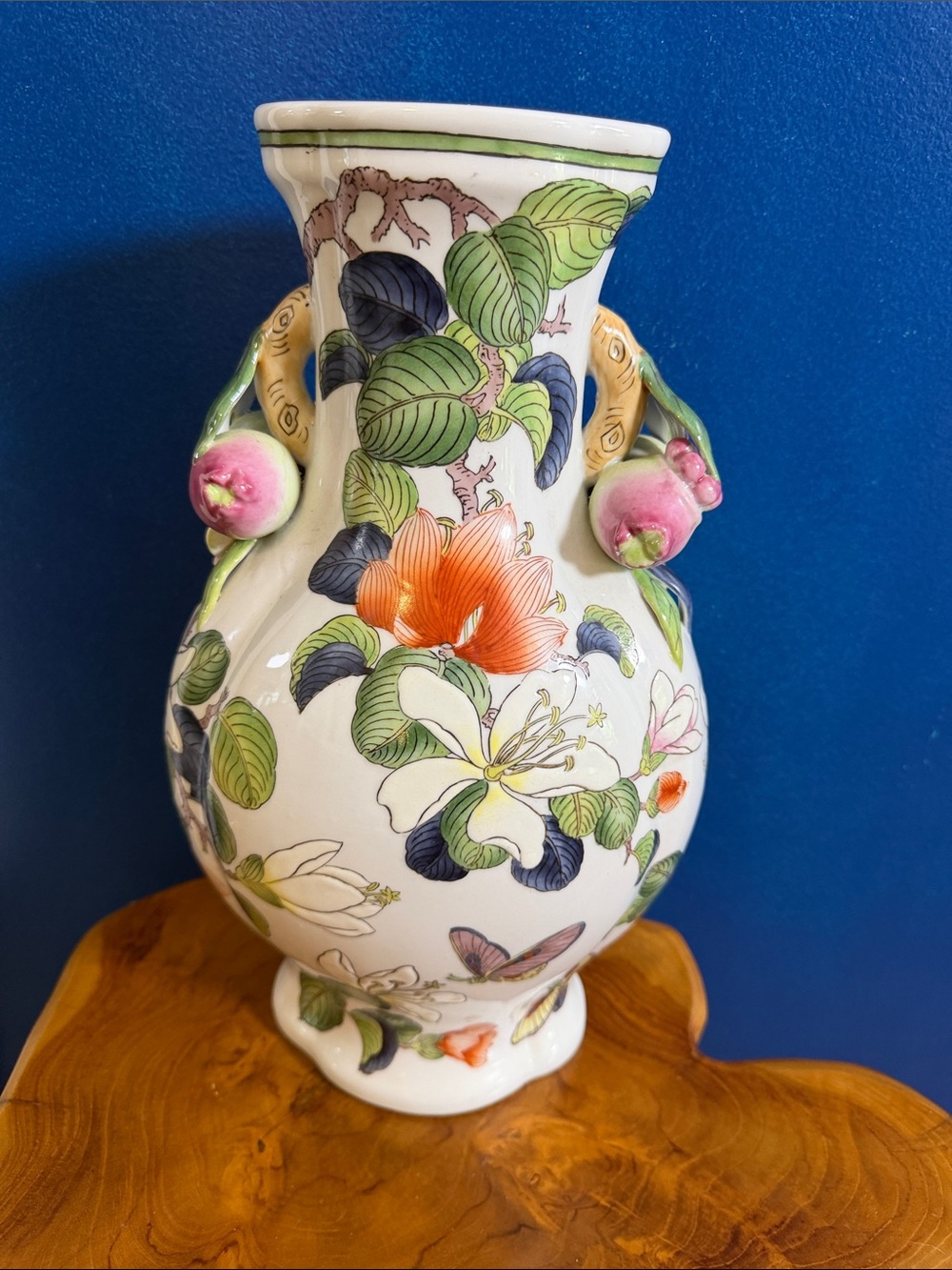 Vintage Andrea by Sadek Chinoiserie Ceramic Vase with Pomegranate Handles